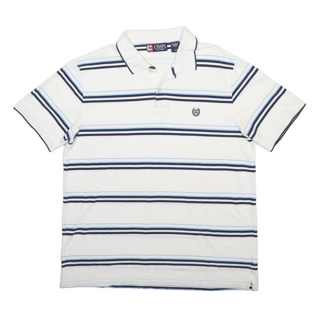 CHAPS Mens White & Blue Striped Short Sleeve Polo Shirt L Cotton Casual