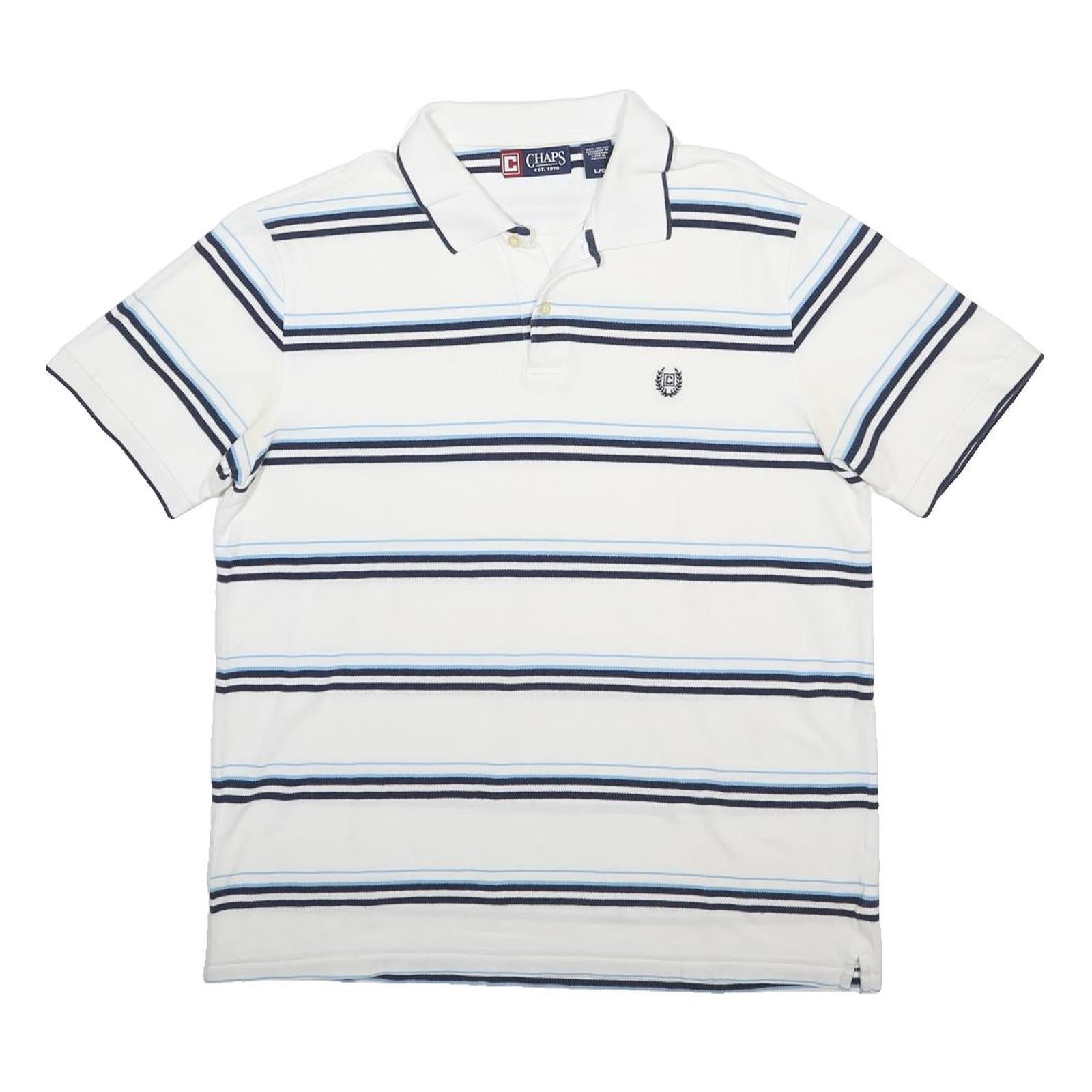 CHAPS Mens White & Blue Striped Short Sleeve Polo Shirt L Cotton Casual