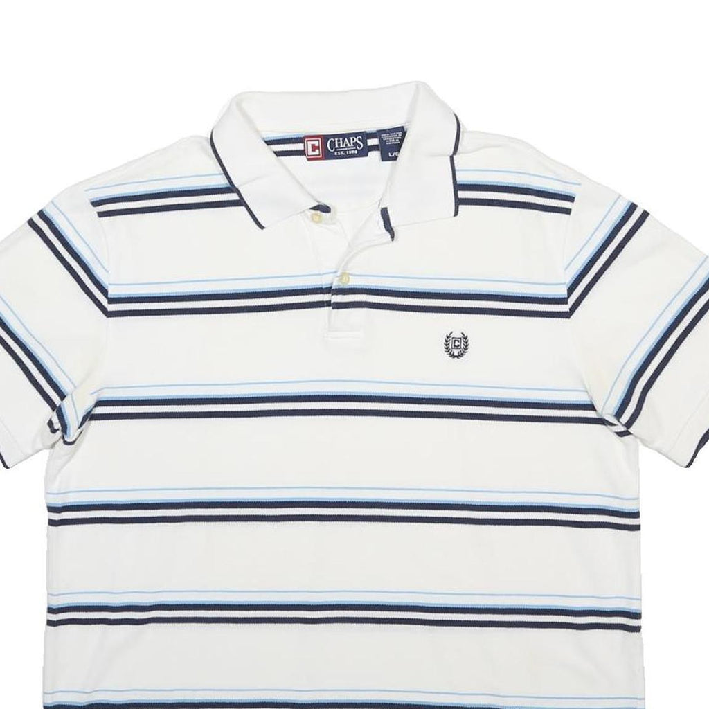 CHAPS Mens White & Blue Striped Short Sleeve Polo Shirt L Cotton Casual