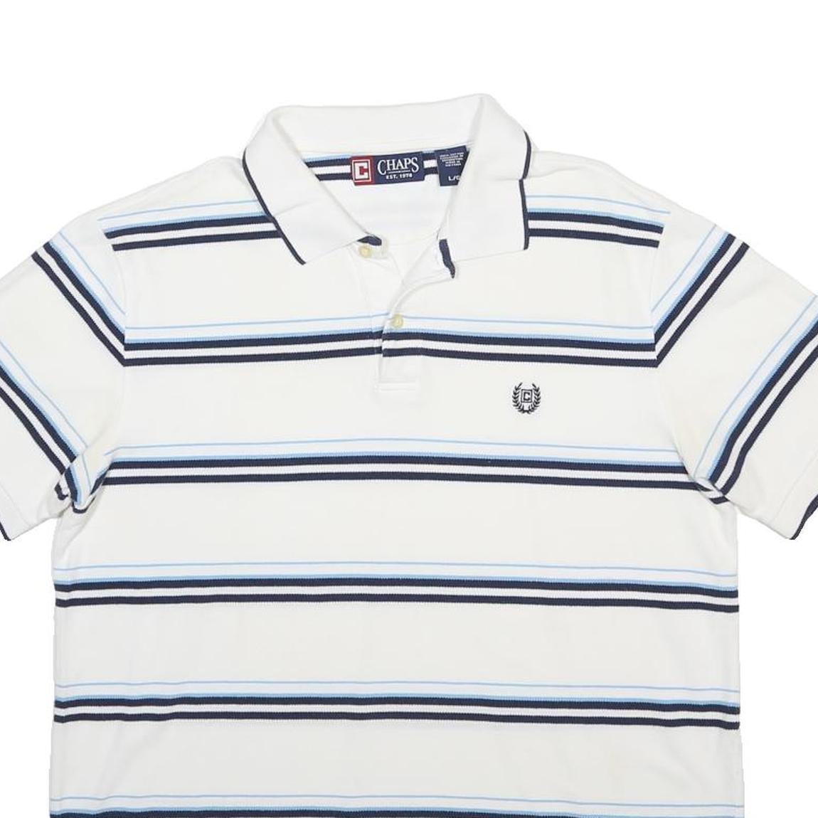 CHAPS Mens White & Blue Striped Short Sleeve Polo Shirt L Cotton Casual