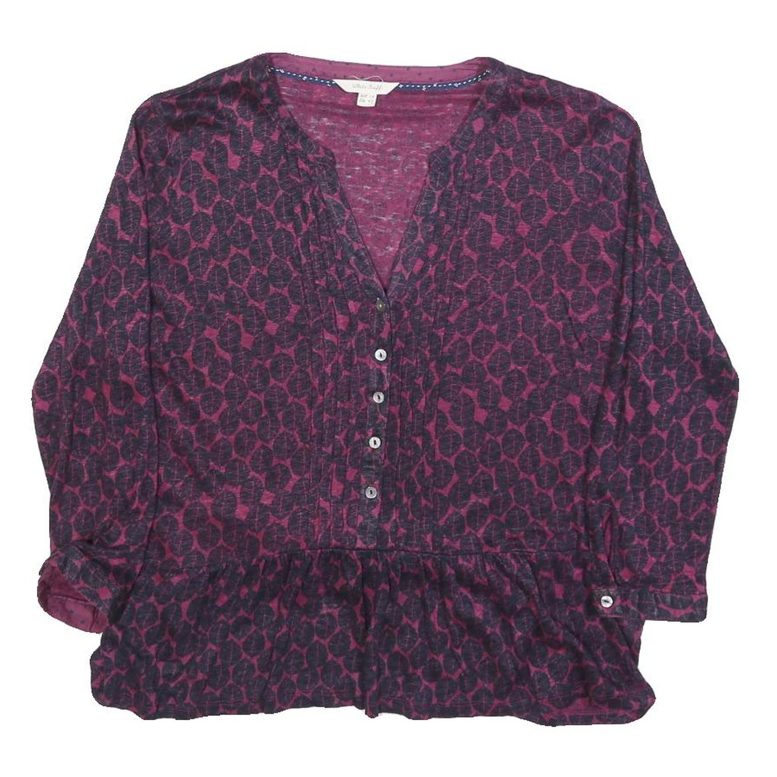 WHITE STUFF Womens Purple Printed Long Sleeve V-Neck Blouse UK 14 Cotton Blend