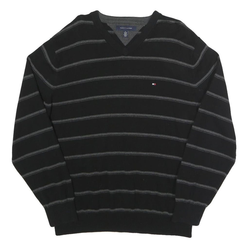 TOMMY HILFIGER Mens Black & Grey Striped Pattern Cotton Jumper V-Neck Basic Knit