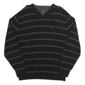 TOMMY HILFIGER Mens Black & Grey Striped Pattern Cotton Jumper V-Neck Basic Knit