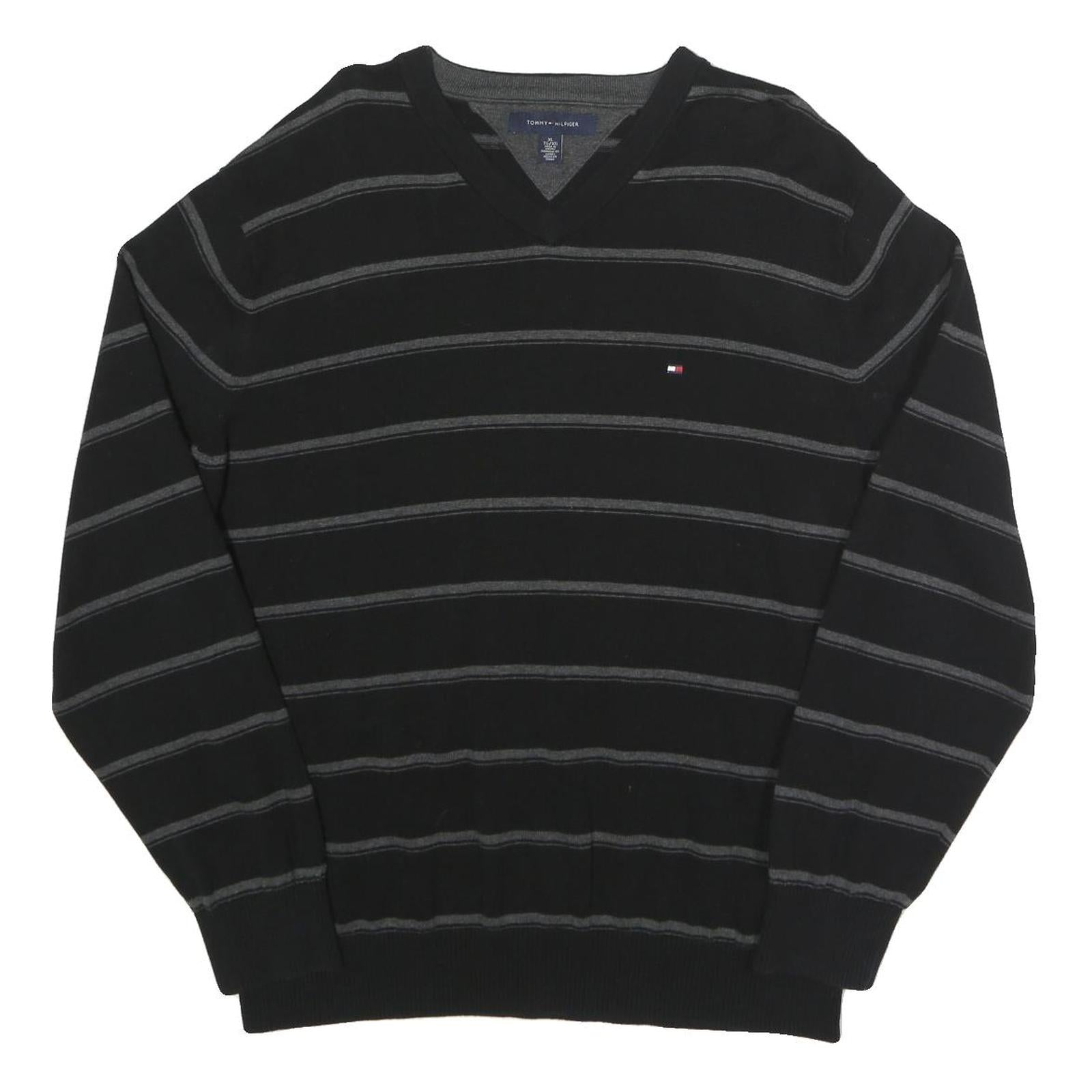 TOMMY HILFIGER Mens Black & Grey Striped Pattern Cotton Jumper V-Neck Basic Knit