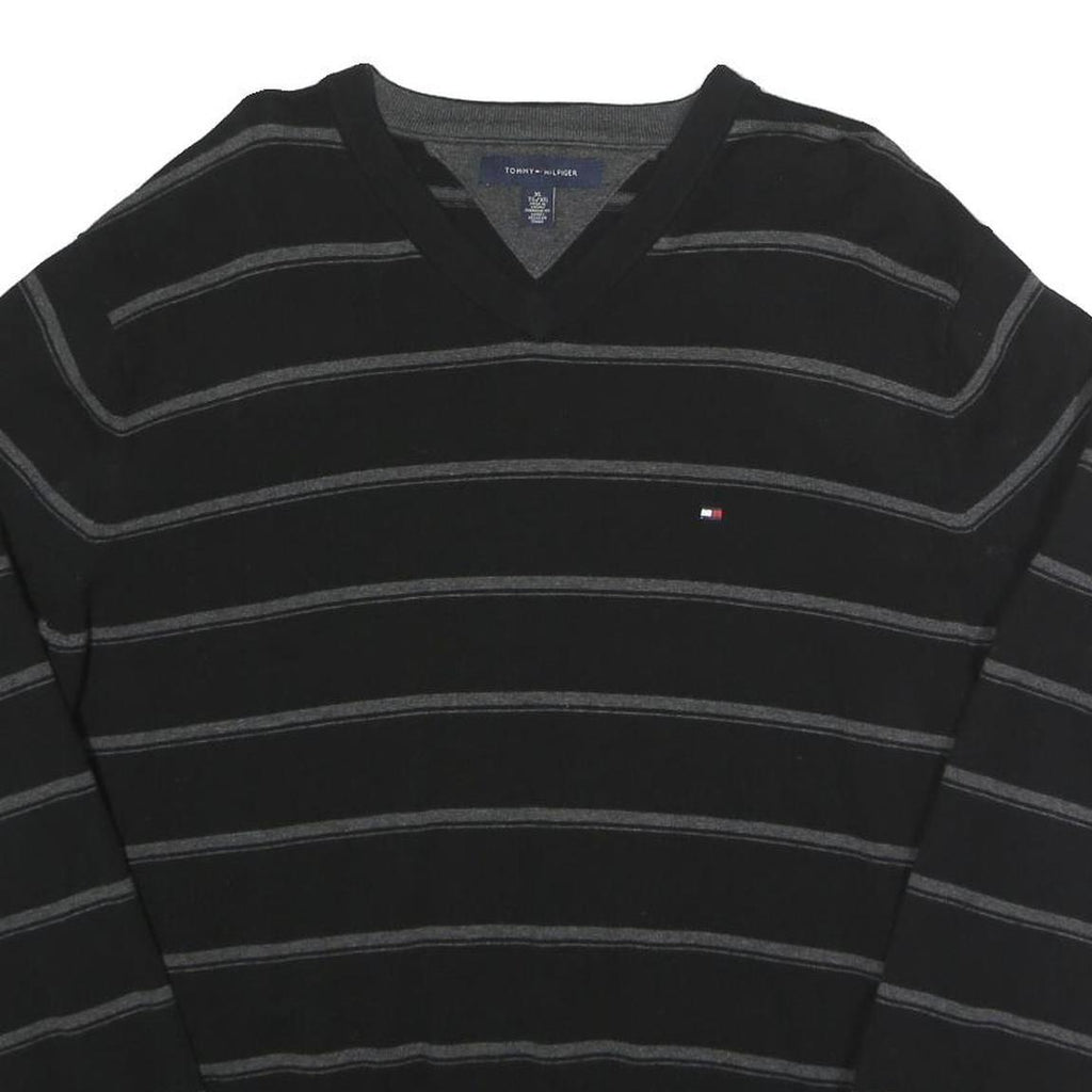 TOMMY HILFIGER Mens Black & Grey Striped Pattern Cotton Jumper V-Neck Basic Knit