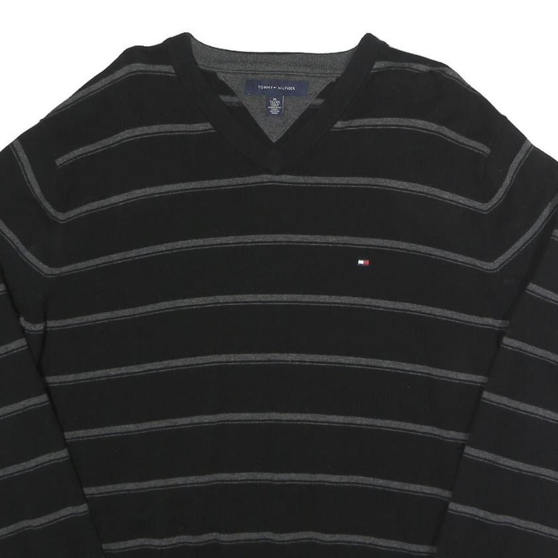 TOMMY HILFIGER Mens Black & Grey Striped Pattern Cotton Jumper V-Neck Basic Knit