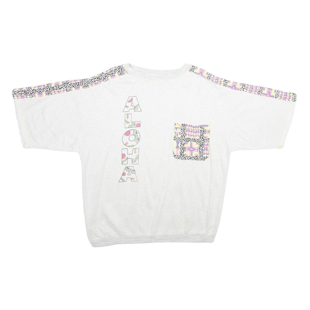 Mens White Sweatshirt XL Cotton Blend Crew Neck Short Sleeve Graphic Print