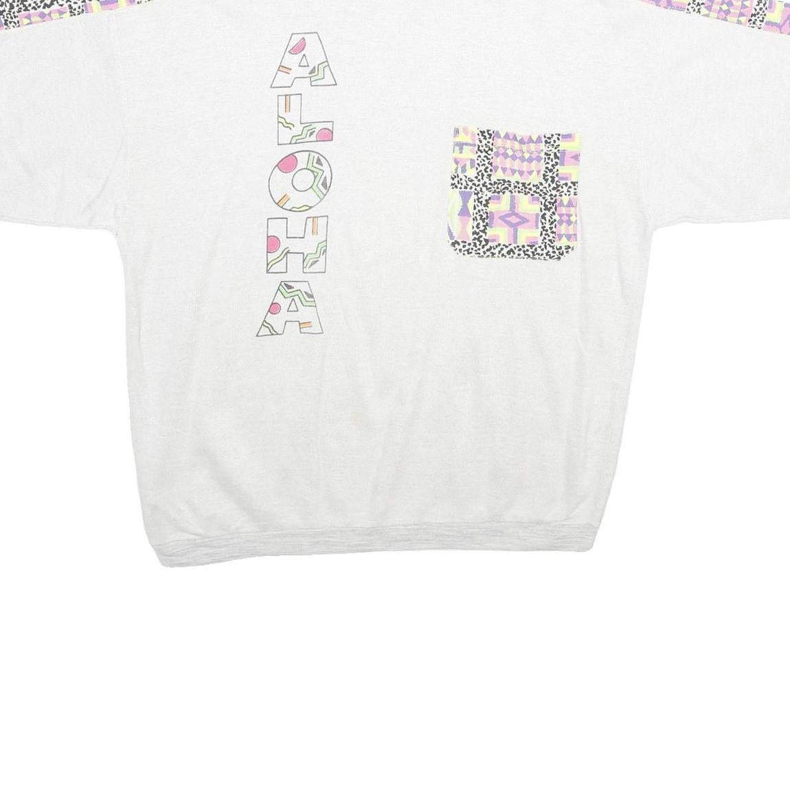 Mens White Sweatshirt XL Cotton Blend Crew Neck Short Sleeve Graphic Print