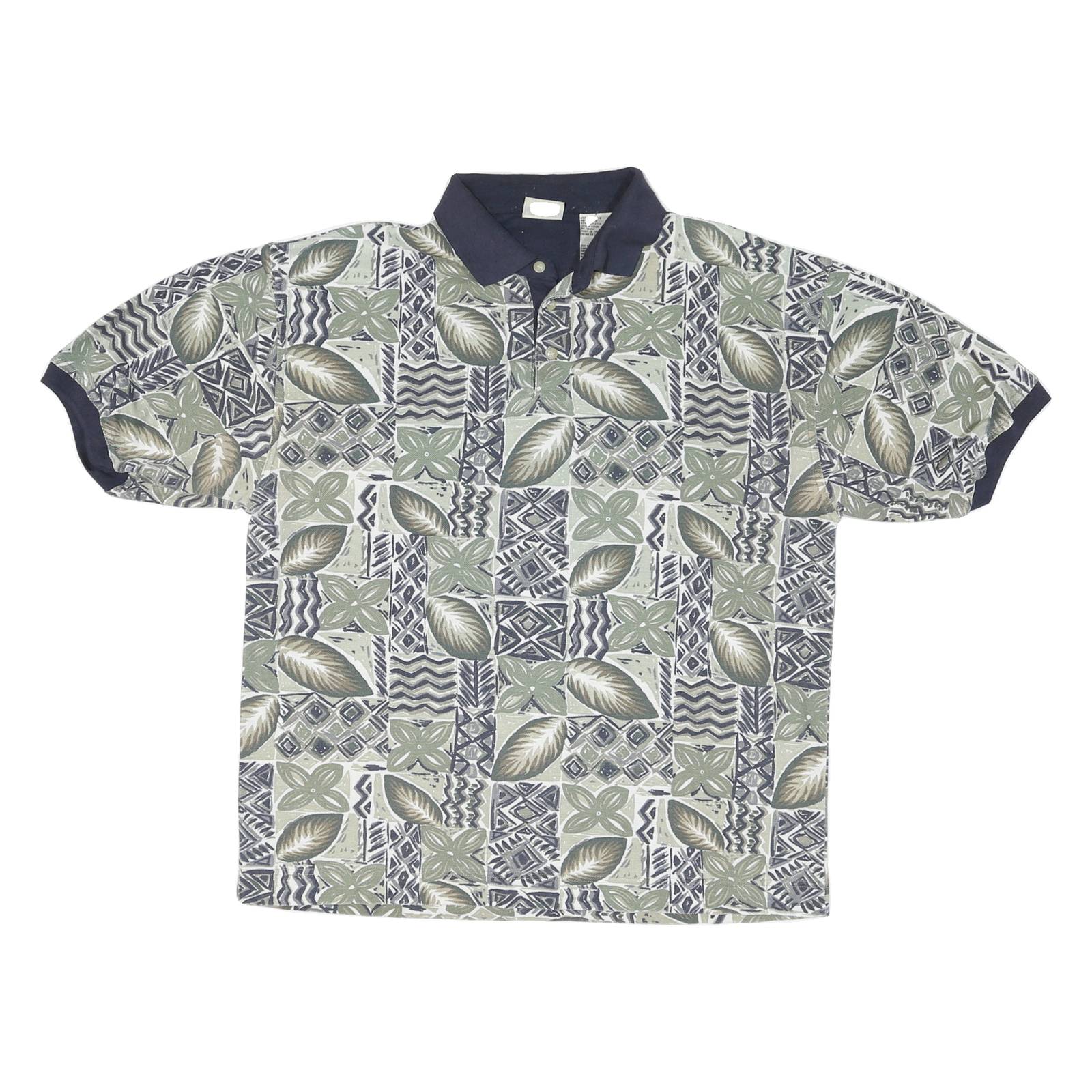 BUGLE BOY Mens Green & Beige Abstract Floral Short Sleeve Polo Shirt L Cotton
