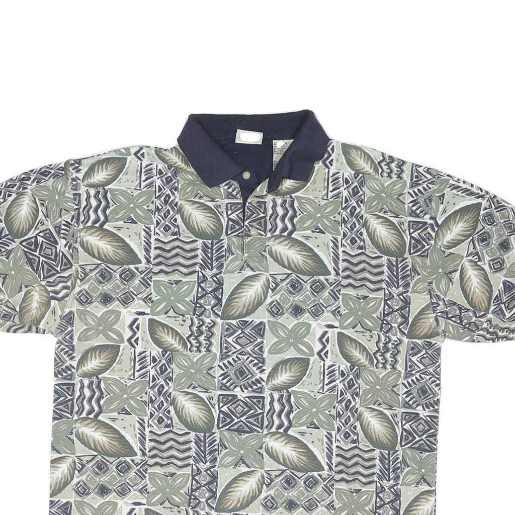 BUGLE BOY Mens Green & Beige Abstract Floral Short Sleeve Polo Shirt L Cotton