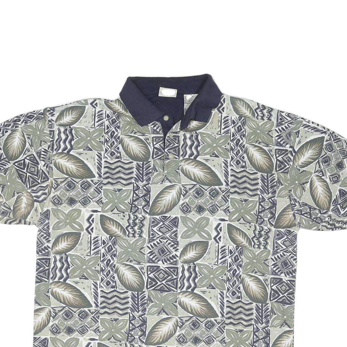 BUGLE BOY Mens Green & Beige Abstract Floral Short Sleeve Polo Shirt L Cotton