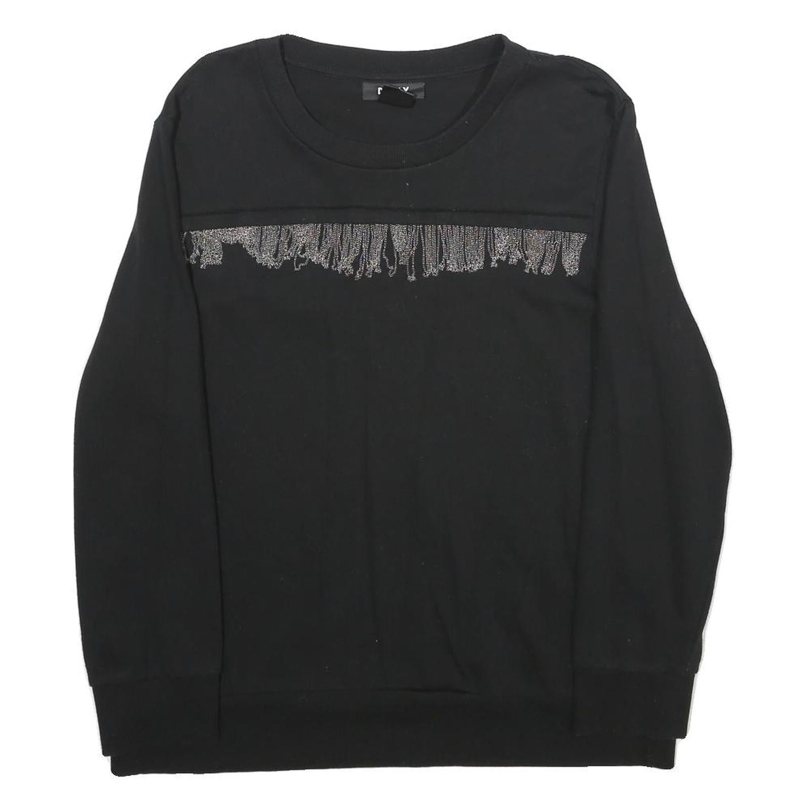 DKNY Womens Black Cotton Blend Crew Neck Sweatshirt L Beaded Trim Detail