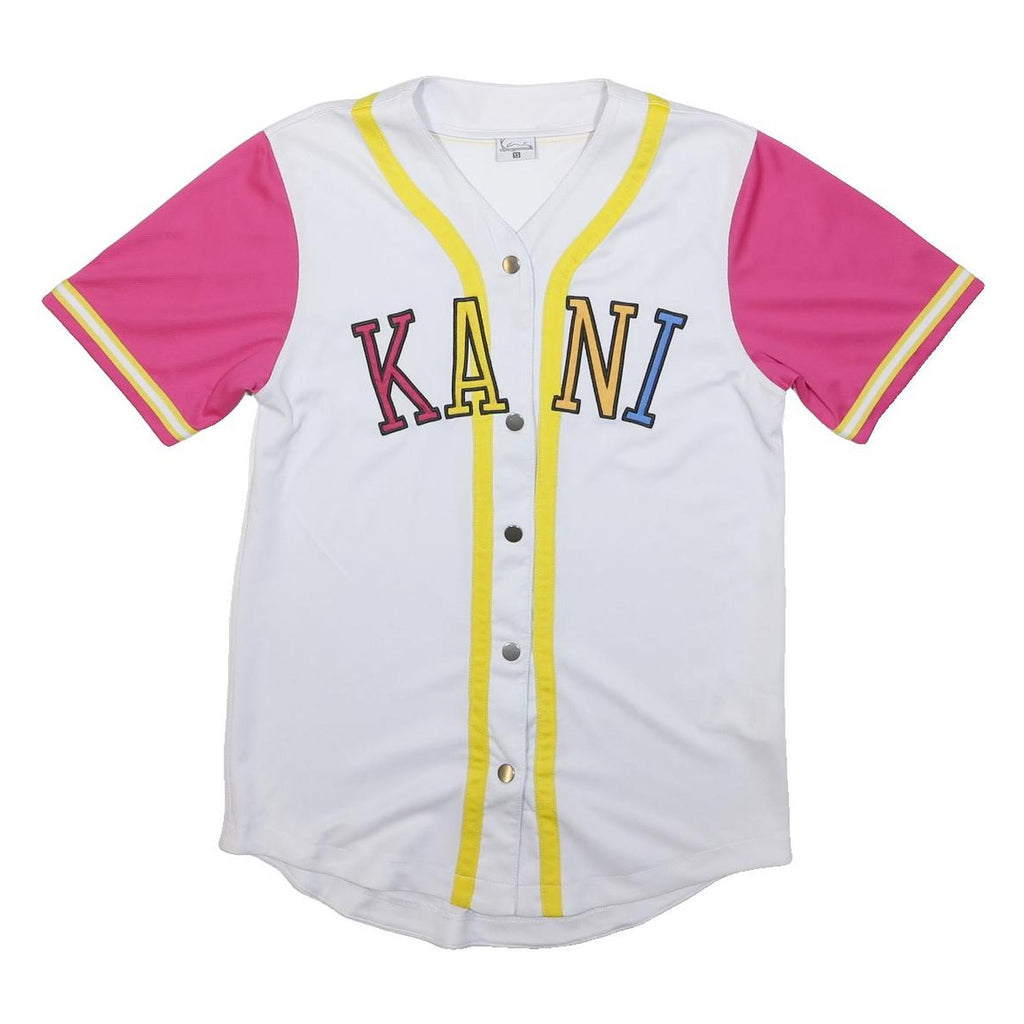 KANI Mens White & Pink Baseball Style XS Short Sleeve V-Neck Jersey Button Front
