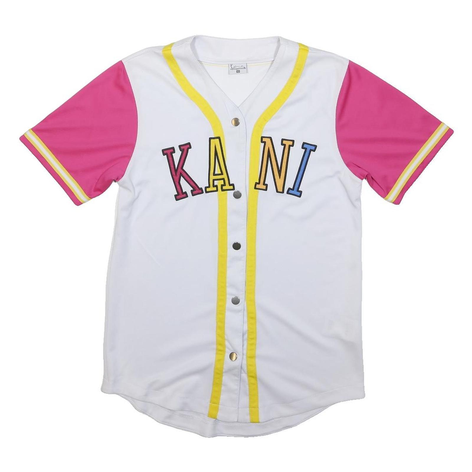 KANI Mens White & Pink Baseball Style XS Short Sleeve V-Neck Jersey Button Front