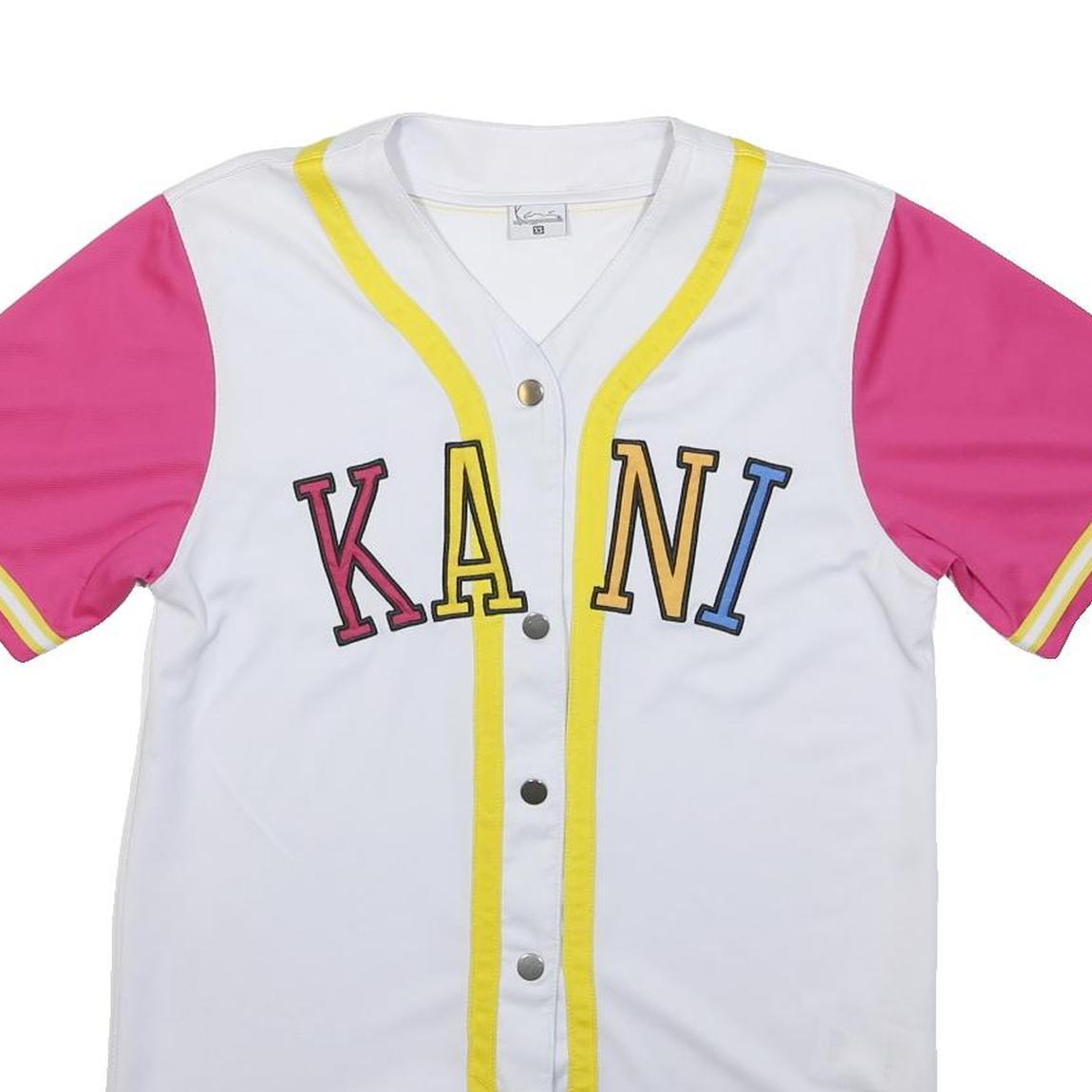KANI Mens White & Pink Baseball Style XS Short Sleeve V-Neck Jersey Button Front