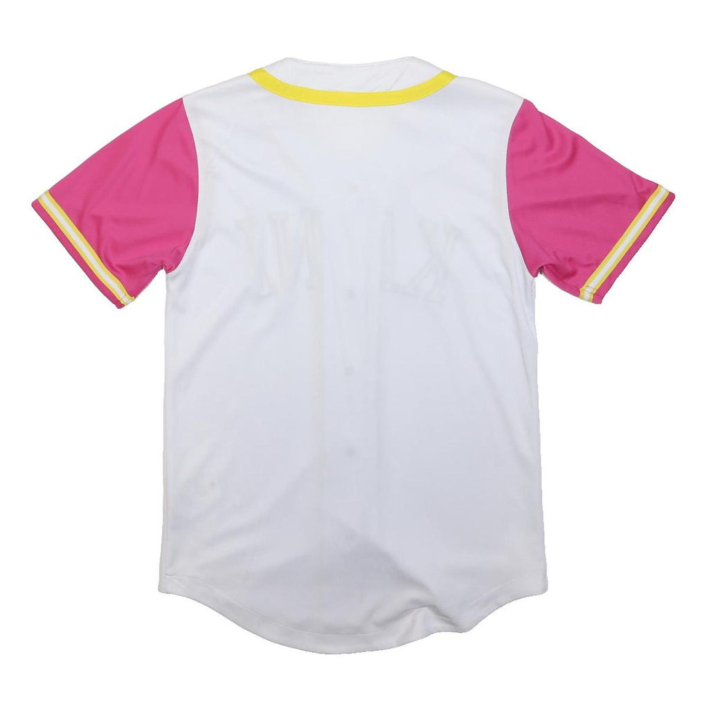 KANI Mens White & Pink Baseball Style XS Short Sleeve V-Neck Jersey Button Front