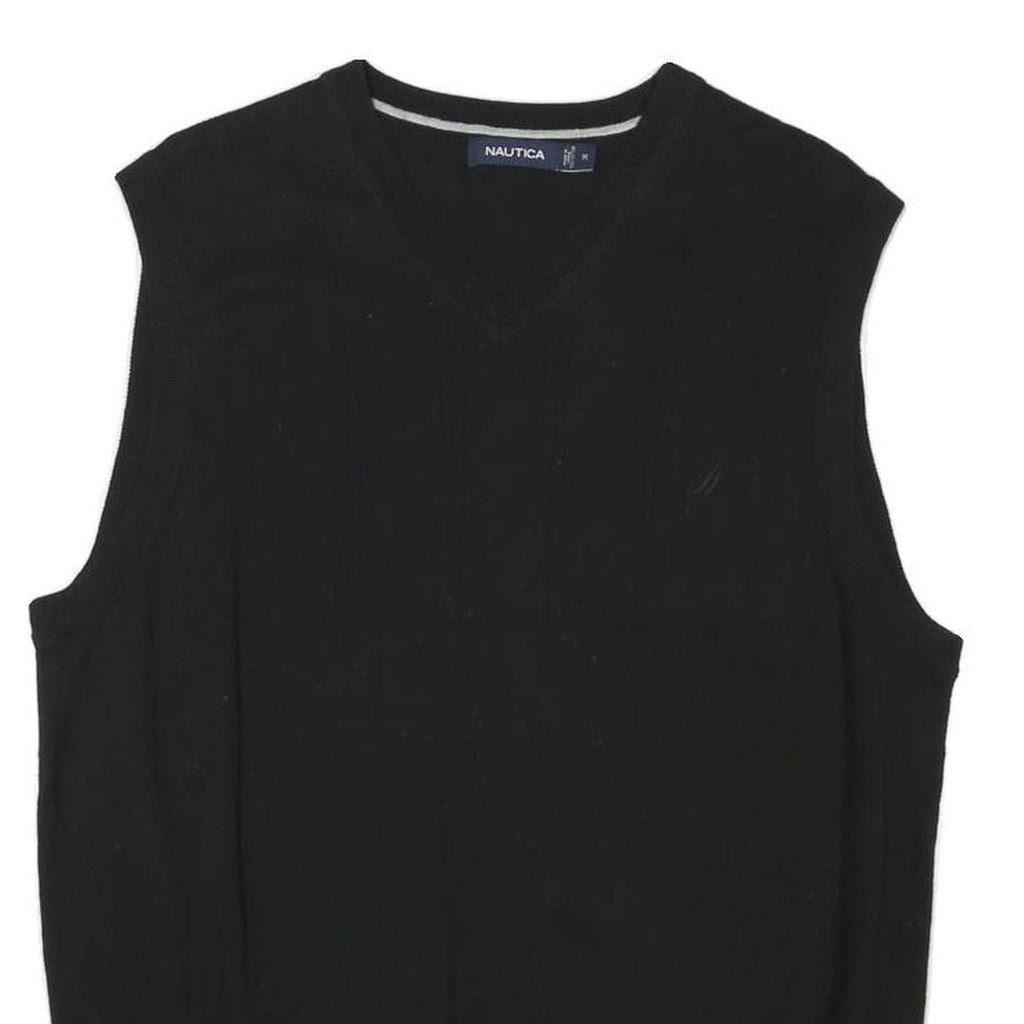 NAUTICA Mens Black Plain V-Neck Basic Knit M Sleeveless Cotton Blend Jumper Vest
