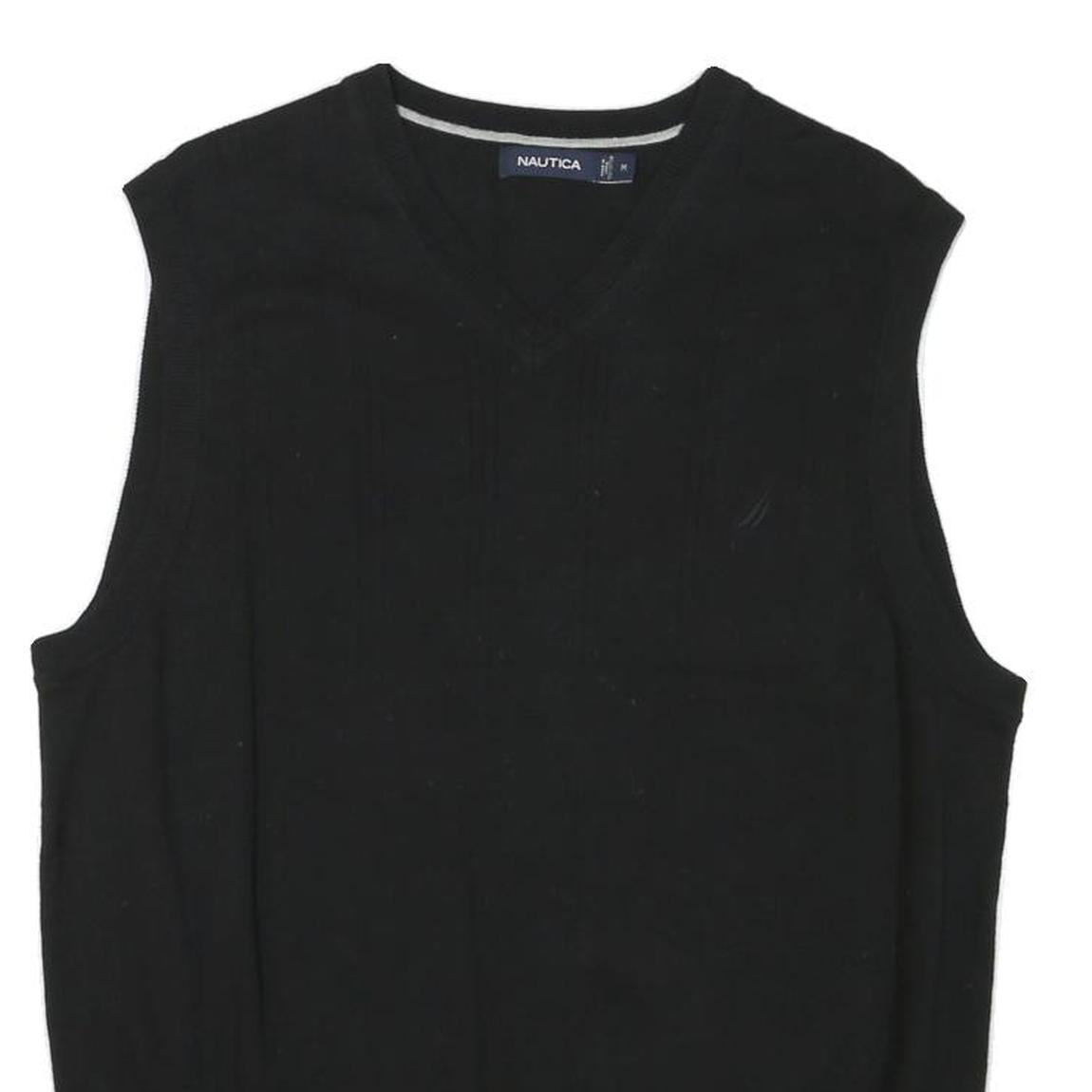 NAUTICA Mens Black Plain V-Neck Basic Knit M Sleeveless Cotton Blend Jumper Vest