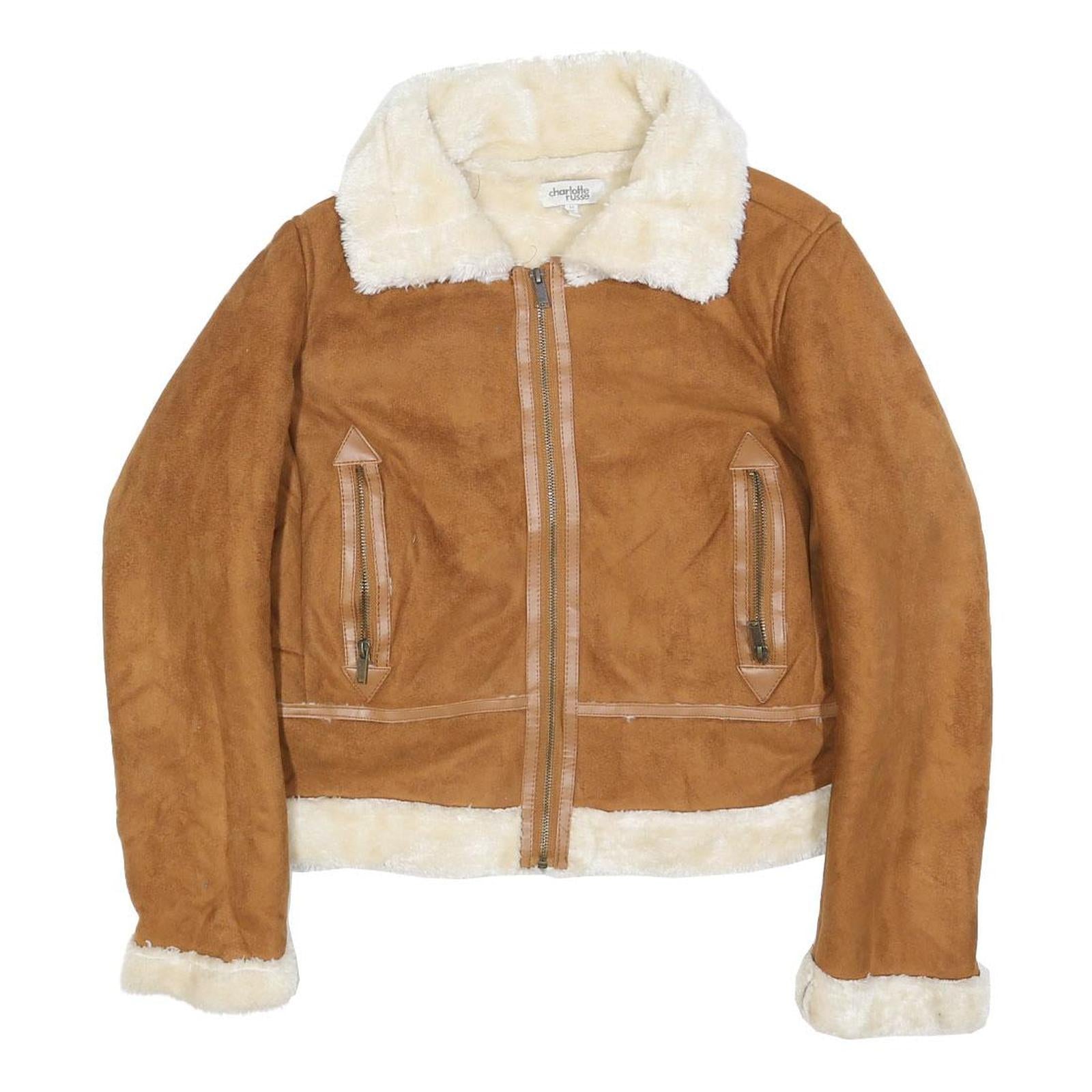 CHARLOTTE RUSSE Womens Brown Faux Shearling Zip Jacket M Polyester Blend