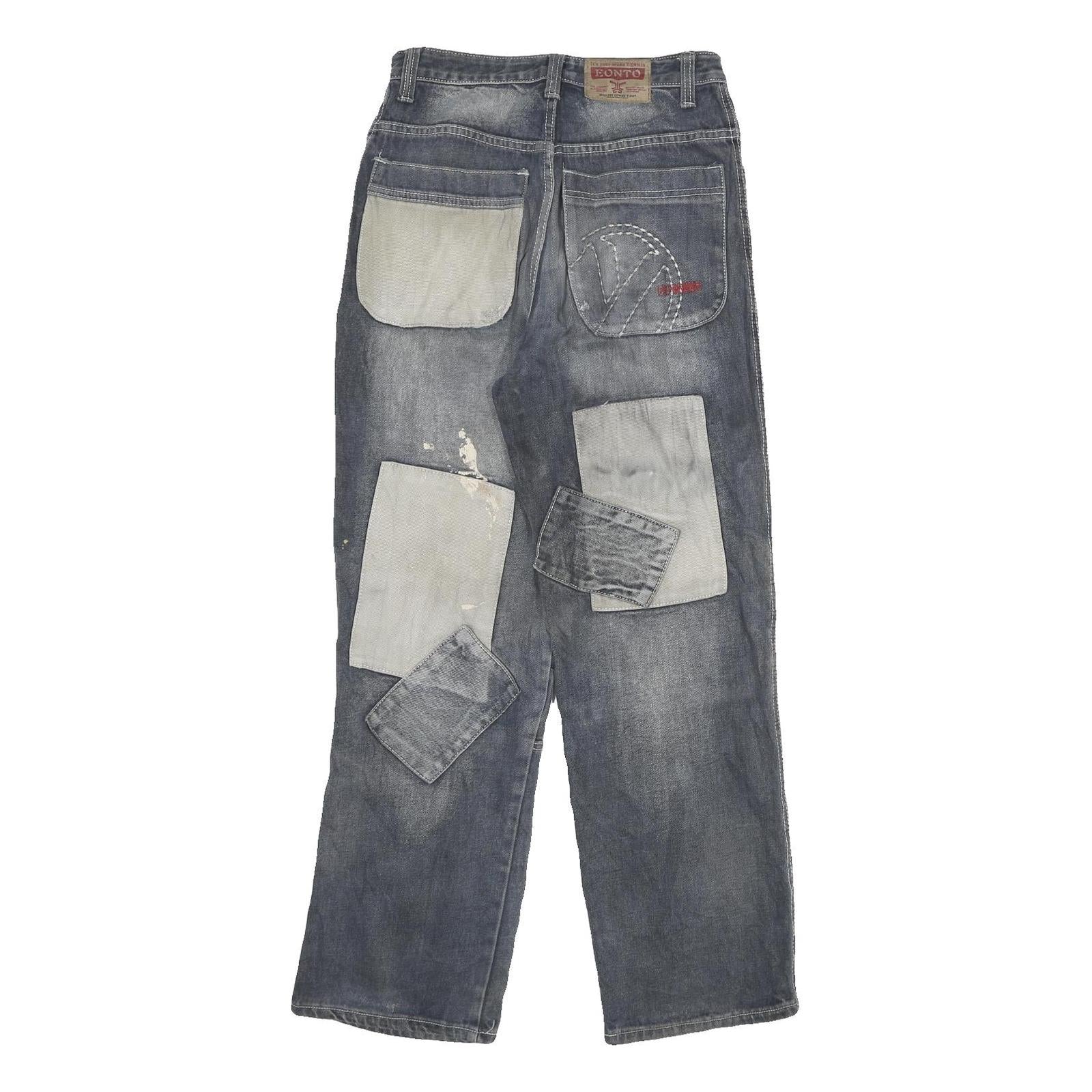 EONTO Mens Regular Fit Denim Blue W28 L29 Patchwork Zip Closure Jeans