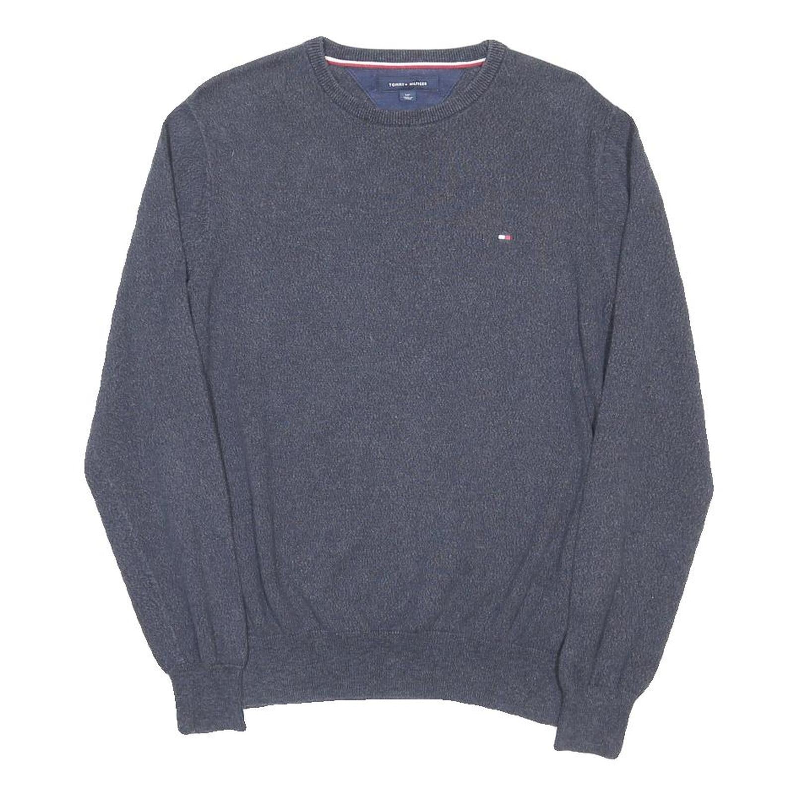 TOMMY HILFIGER Mens Blue Plain Crew Neck Basic Knit S Cotton Jumper Sweatshirt