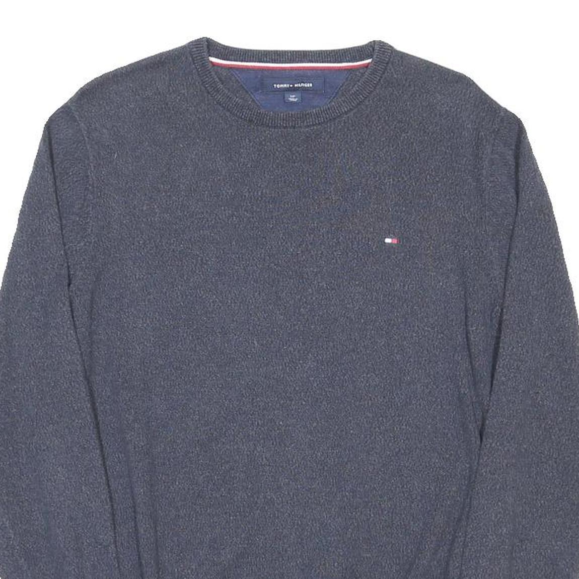 TOMMY HILFIGER Mens Blue Plain Crew Neck Basic Knit S Cotton Jumper Sweatshirt