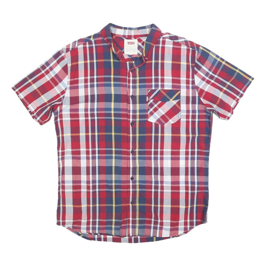LEVI'S Mens Red Blue Plaid Shirt M Cotton Blend Short Sleeve Casual