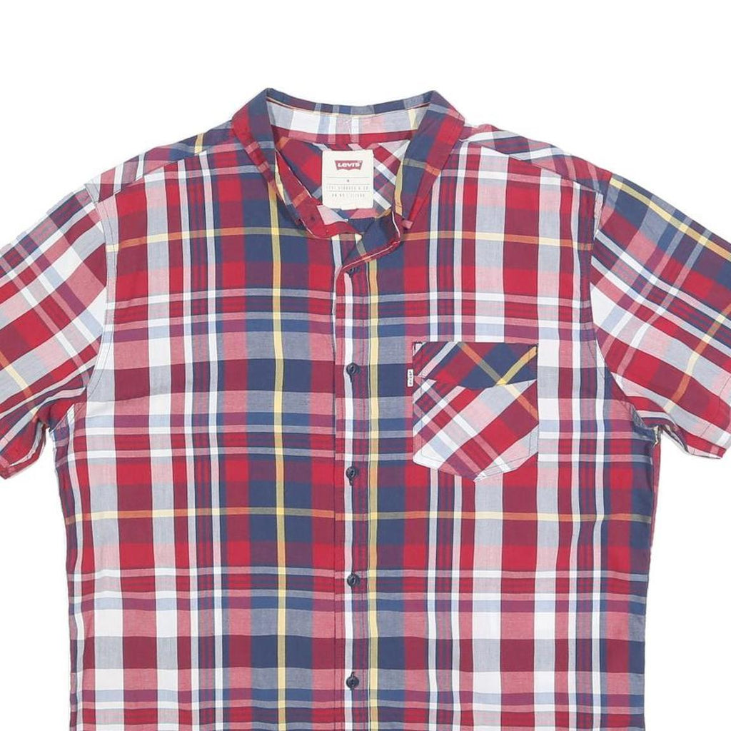 LEVI'S Mens Red Blue Plaid Shirt M Cotton Blend Short Sleeve Casual