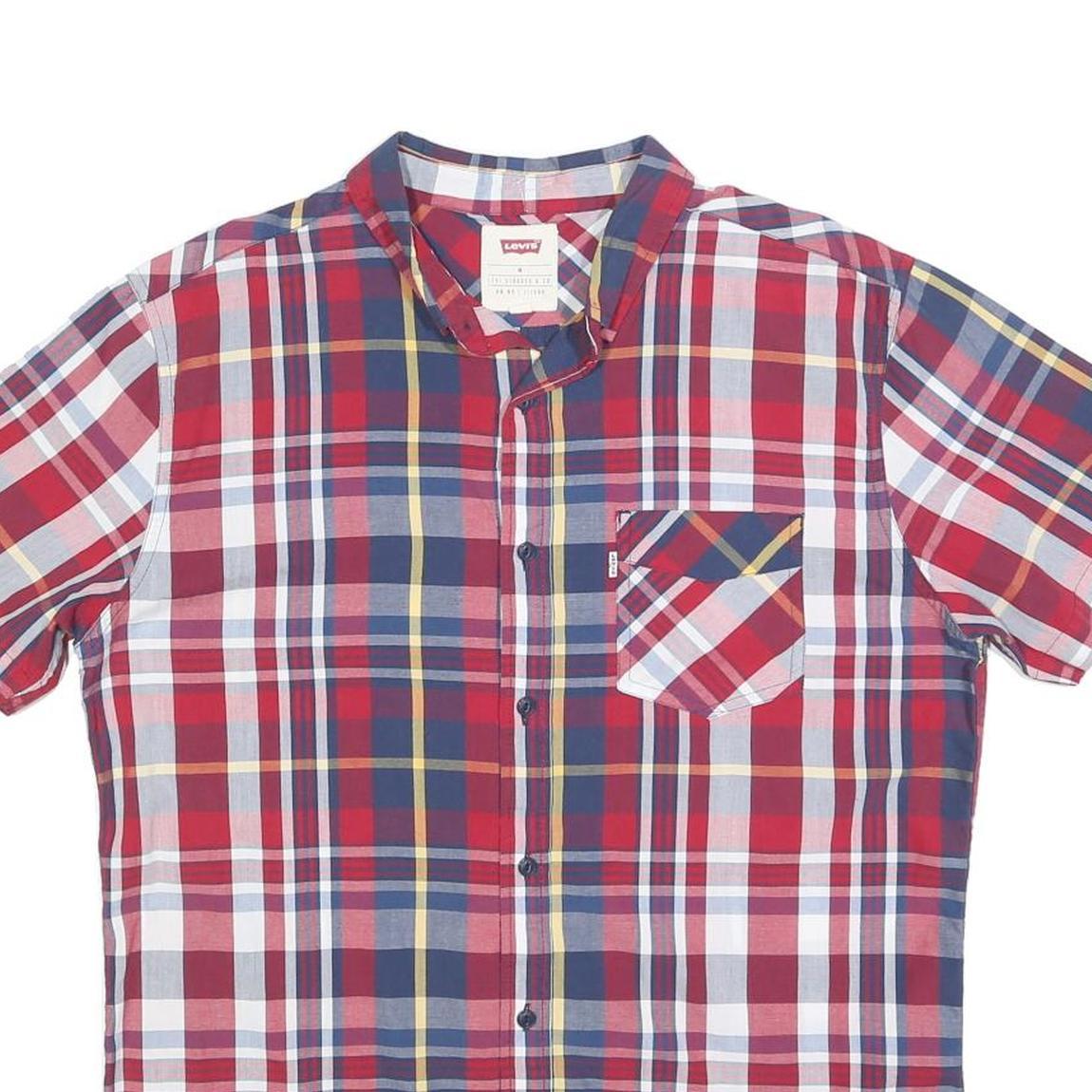 LEVI'S Mens Red Blue Plaid Shirt M Cotton Blend Short Sleeve Casual