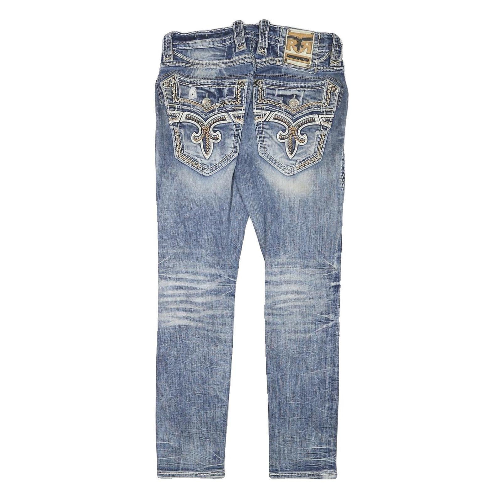 ROCK REVIVAL Womens Slim Blue Denim Jeans W30 L28 Embroidered Back Pockets Zip