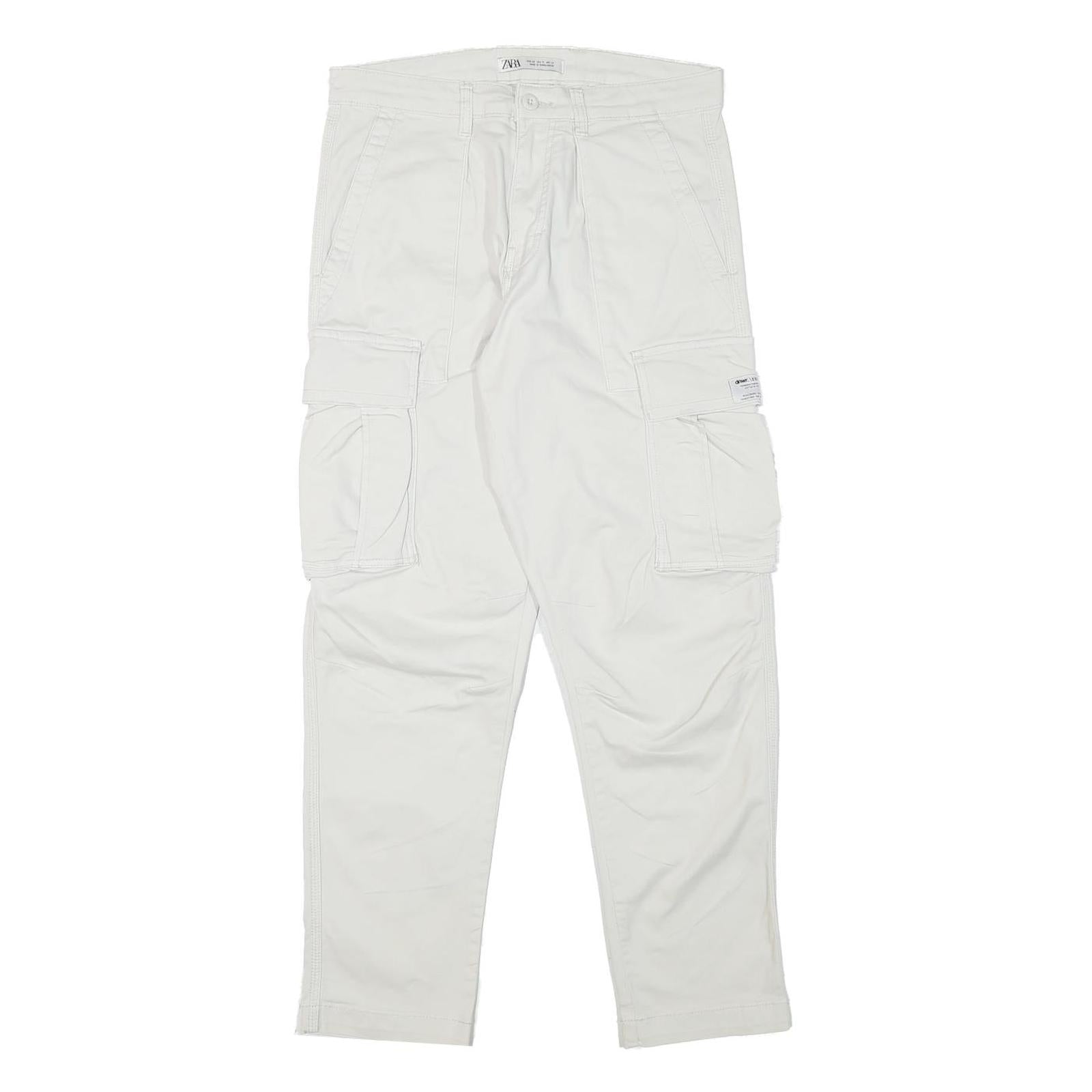ZARA Mens Cotton Blend White Relaxed Cargo Trousers W30 L29 Casual Zip Closure