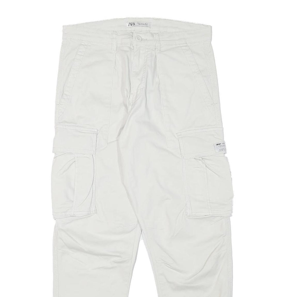 ZARA Mens Cotton Blend White Relaxed Cargo Trousers W30 L29 Casual Zip Closure