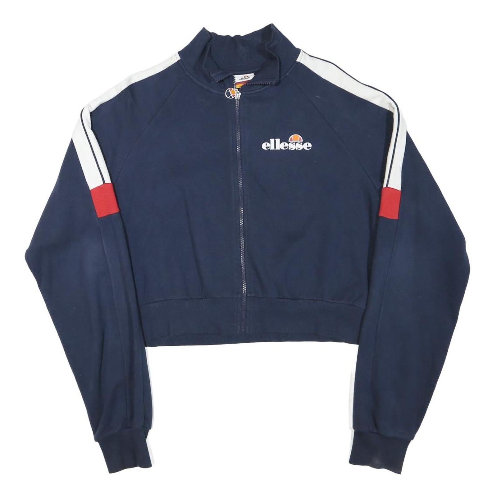 ELLESSE Womens Navy Blue & White Track Jacket L Cotton Blend Zip Crop