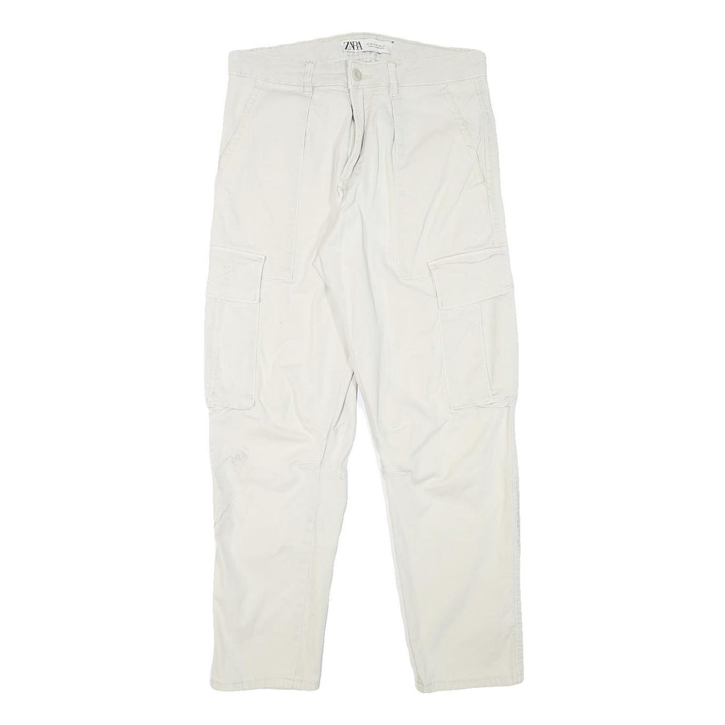 ZARA Mens Cotton Blend Beige Relaxed Cargo Trousers W30 L28 Casual Zip
