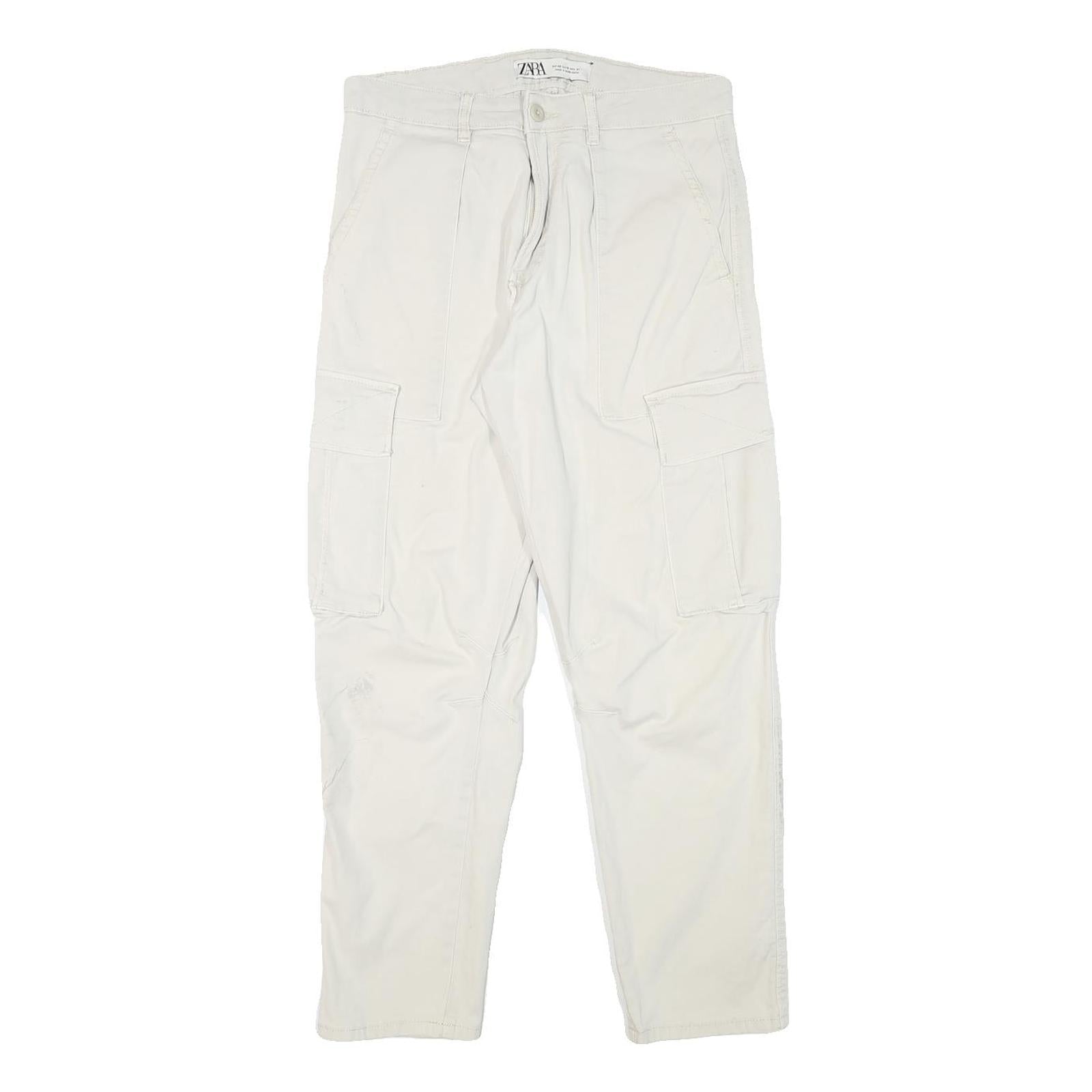 ZARA Mens Cotton Blend Beige Relaxed Cargo Trousers W30 L28 Casual Zip