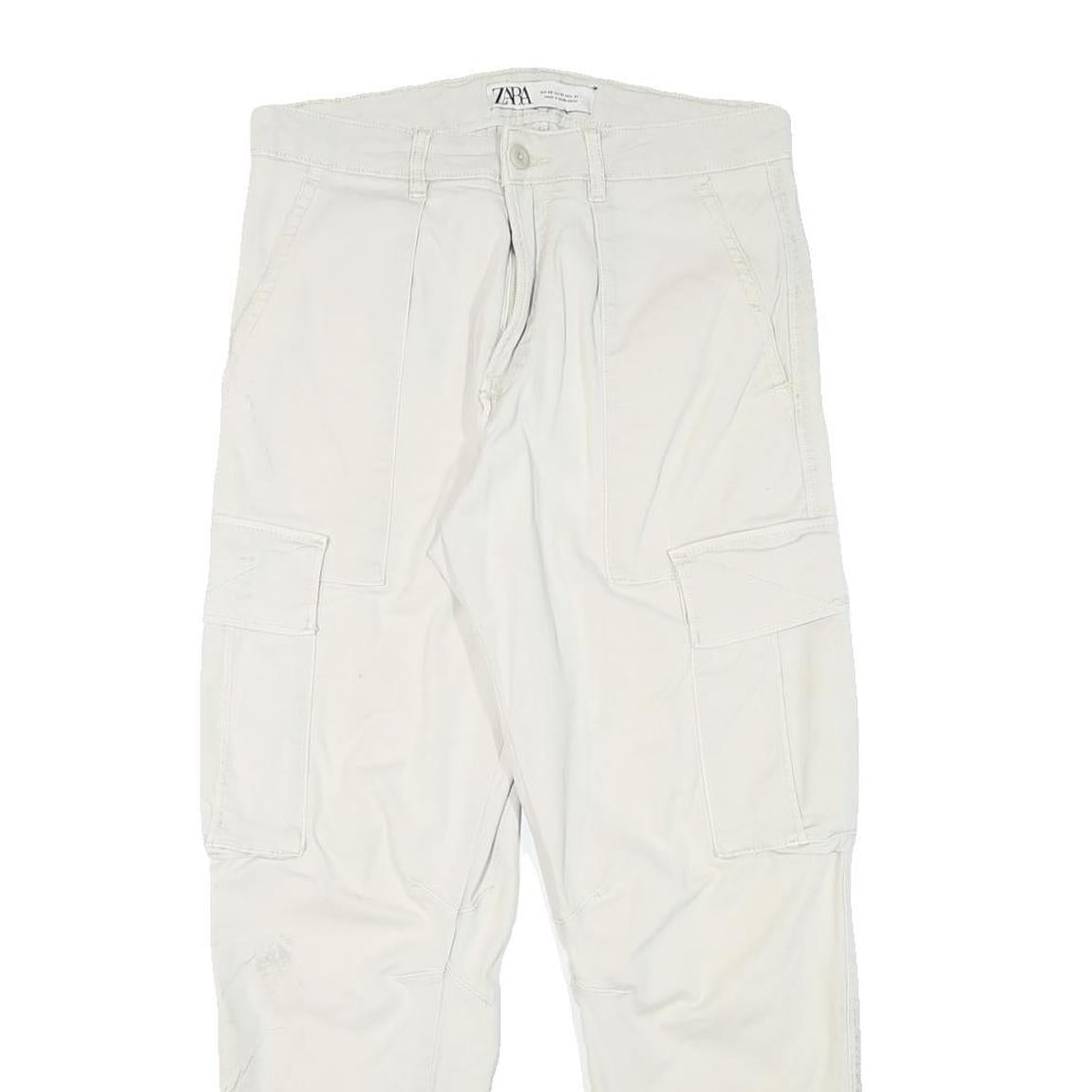 ZARA Mens Cotton Blend Beige Relaxed Cargo Trousers W30 L28 Casual Zip