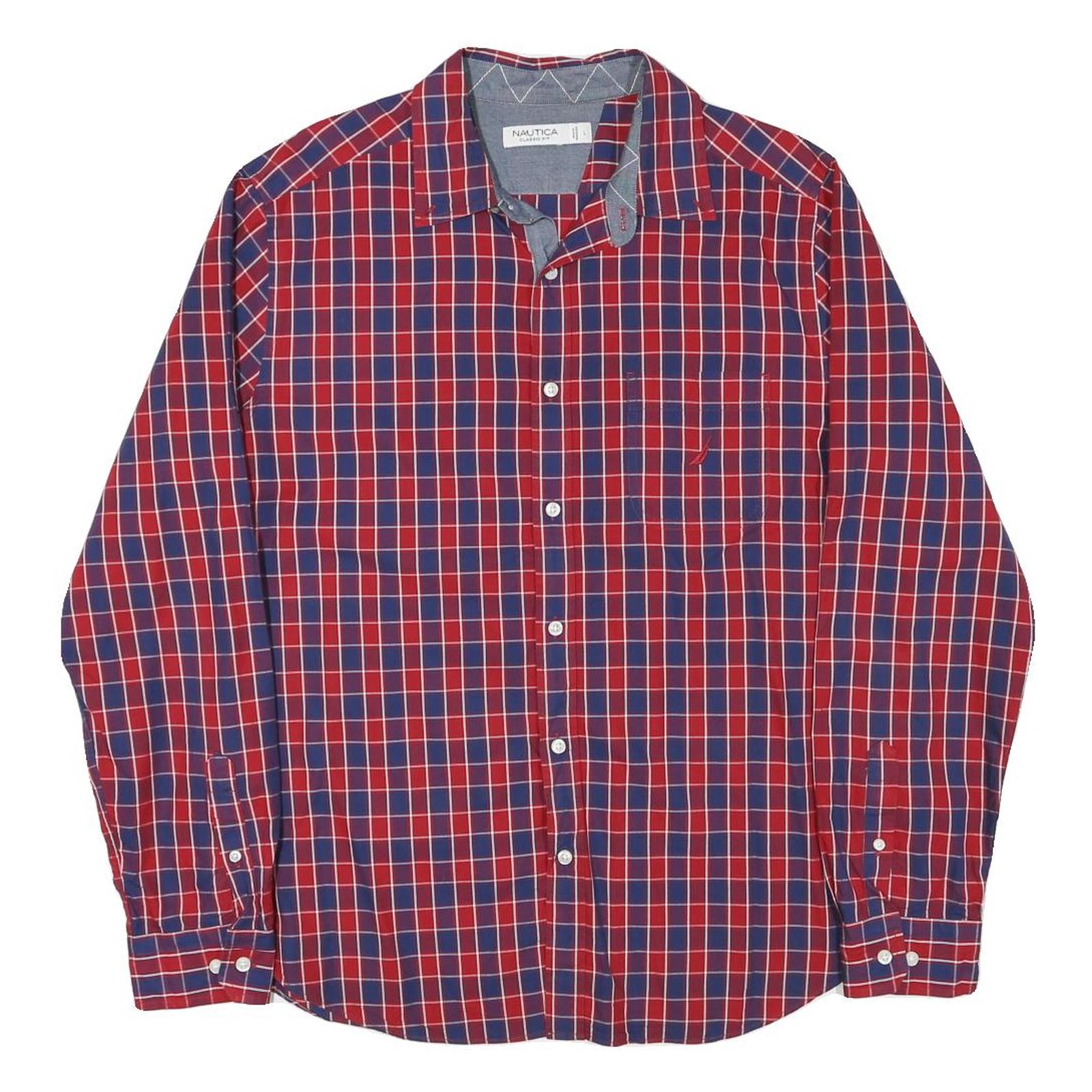 NAUTICA Mens Red & Blue Checked Cotton Blend Shirt L Classic Fit Long Sleeve