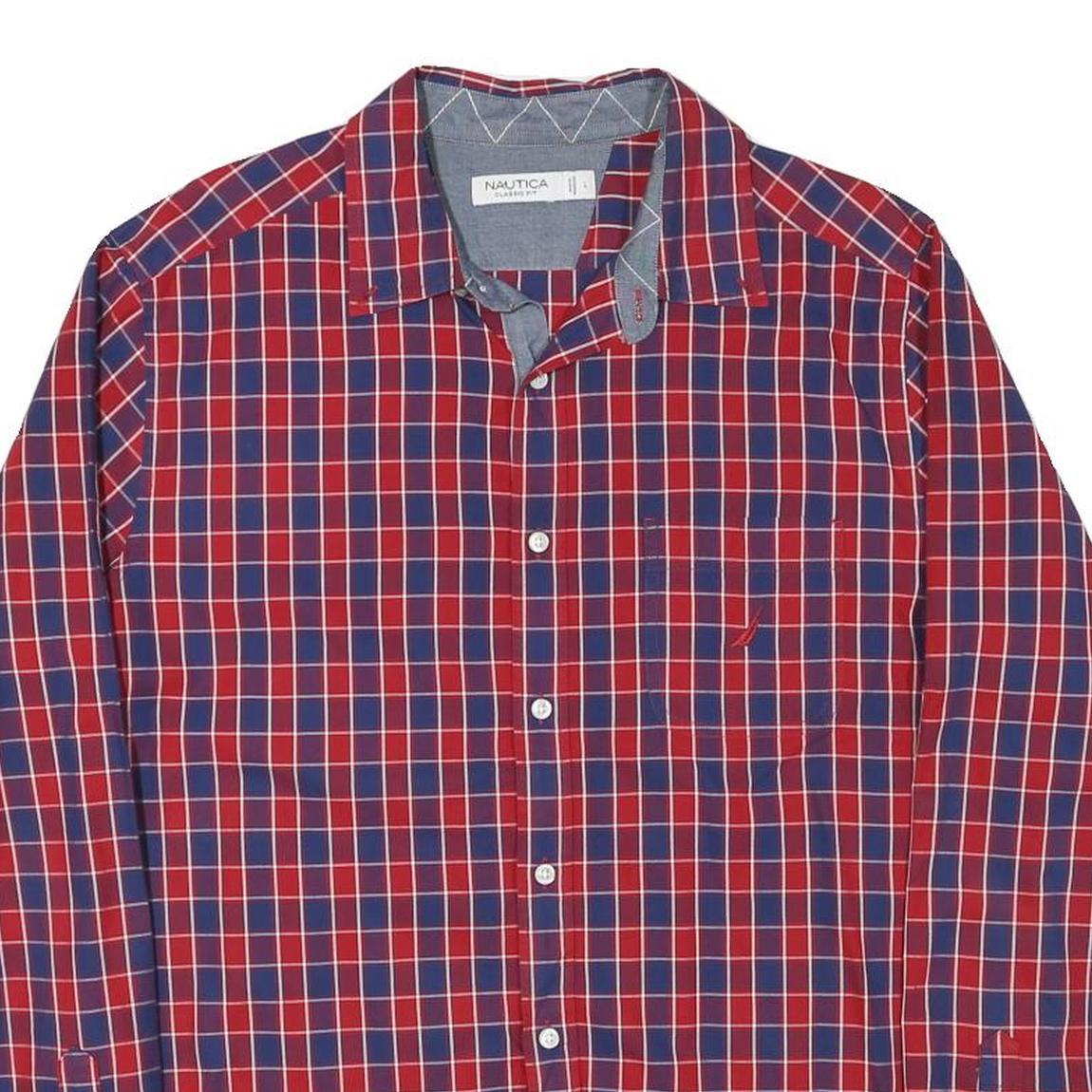 NAUTICA Mens Red & Blue Checked Cotton Blend Shirt L Classic Fit Long Sleeve