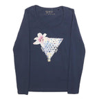 GUESS Womens Navy Blue Graphic T-Shirt M Long Sleeve Scoop Neck Elegant Design