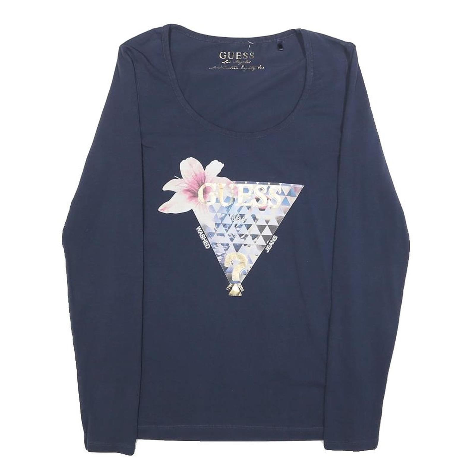 GUESS Womens Navy Blue Graphic T-Shirt M Long Sleeve Scoop Neck Elegant Design