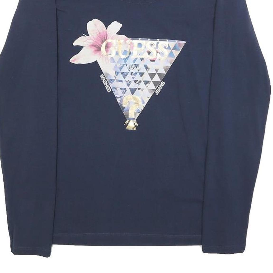 GUESS Womens Navy Blue Graphic T-Shirt M Long Sleeve Scoop Neck Elegant Design