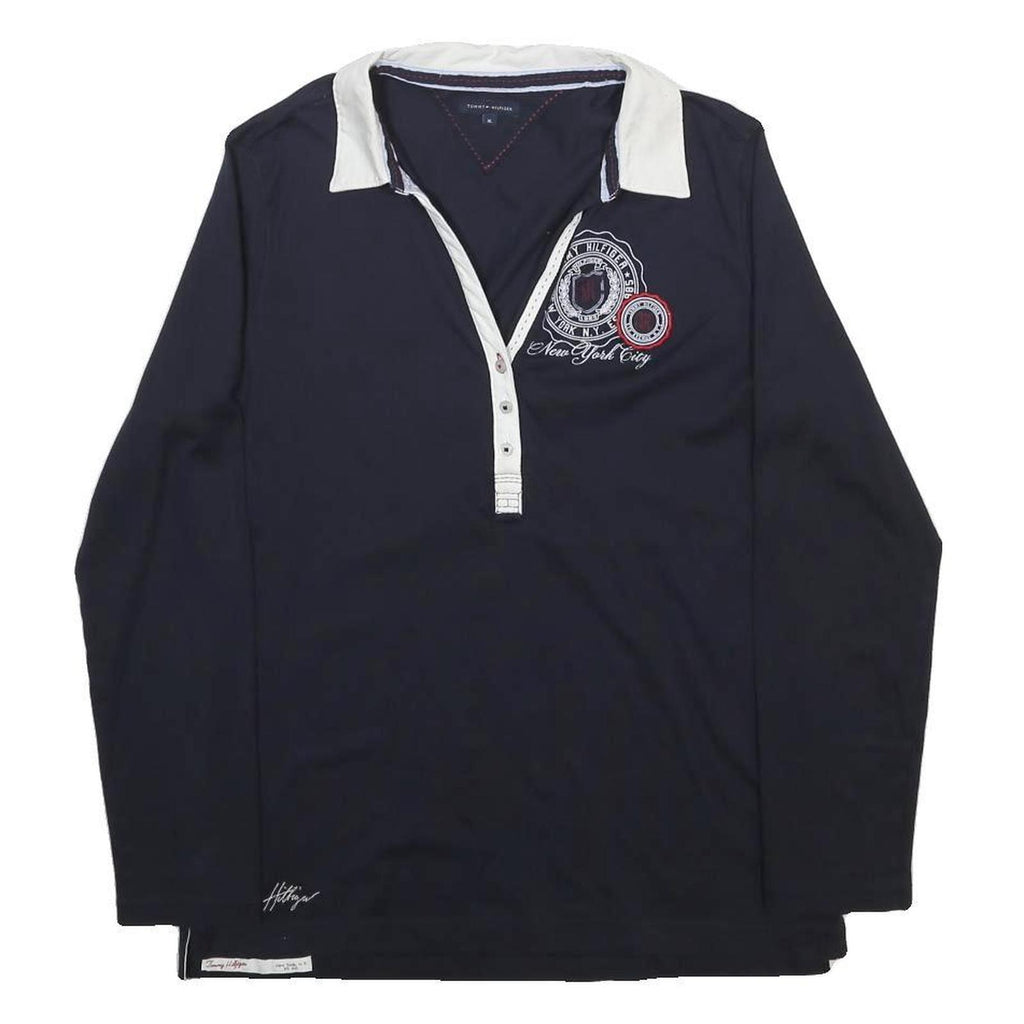 TOMMY HILFIGER Womens Blue White Badge Long Sleeve Plain XL Polo Shirt