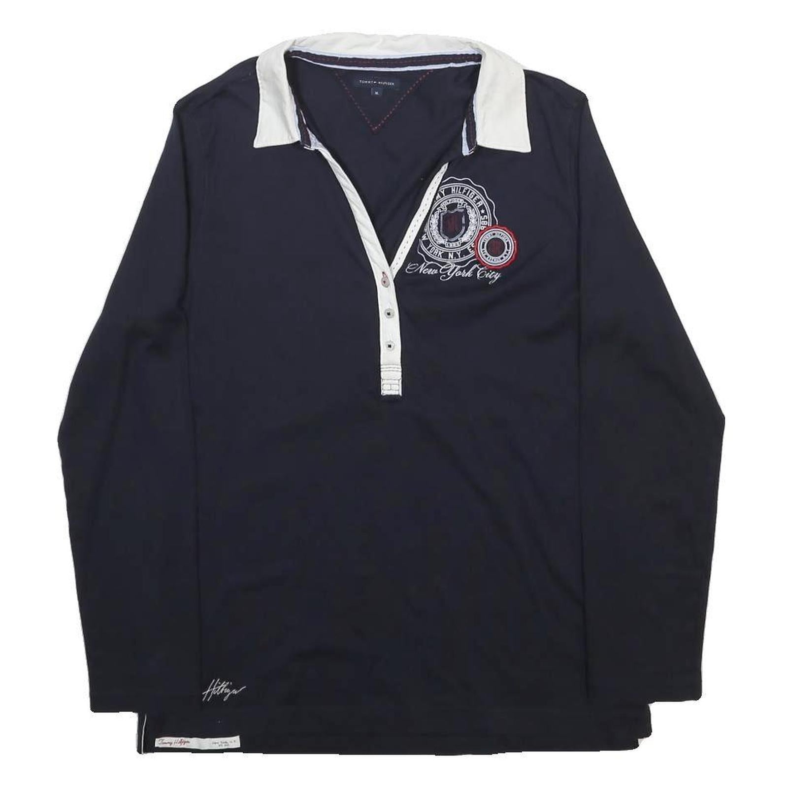 TOMMY HILFIGER Womens Blue White Badge Long Sleeve Plain XL Polo Shirt