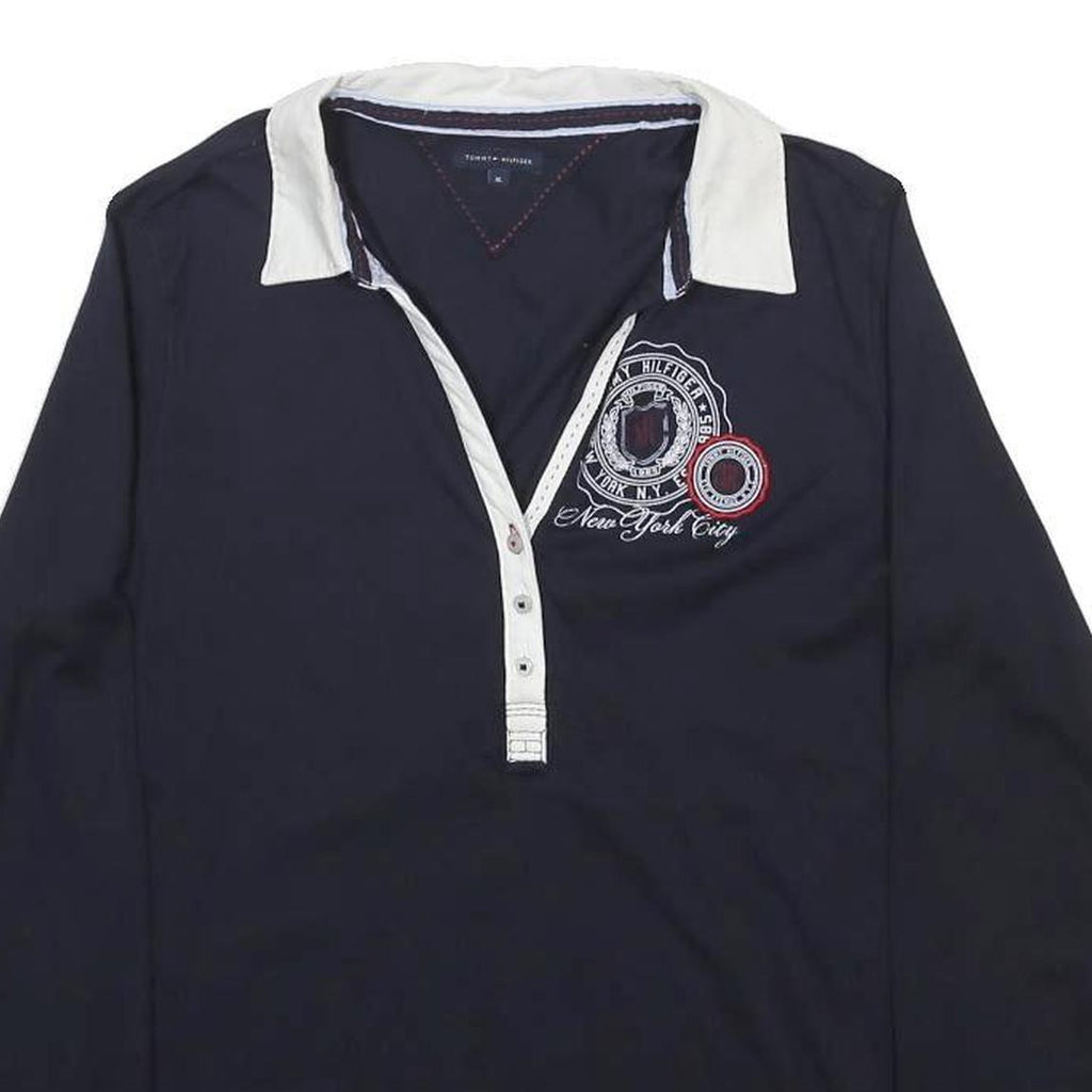 TOMMY HILFIGER Womens Blue White Badge Long Sleeve Plain XL Polo Shirt