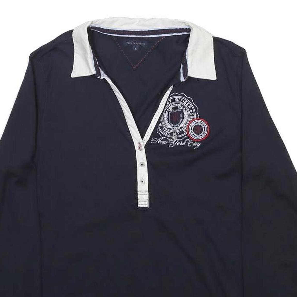 TOMMY HILFIGER Womens Blue White Badge Long Sleeve Plain XL Polo Shirt