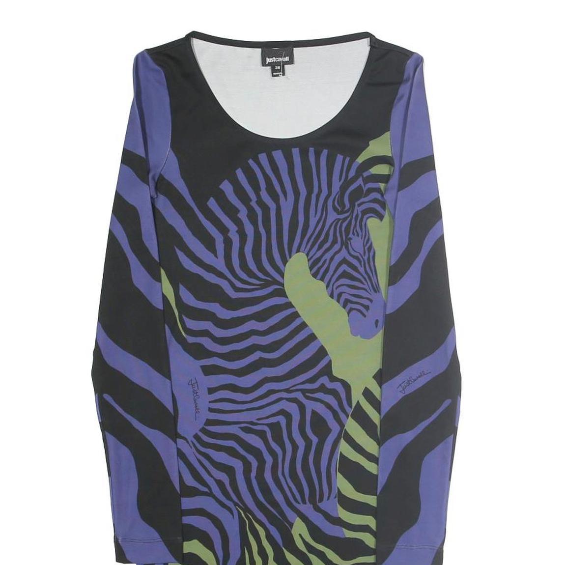 JUST CAVALLI Womens Black & Purple & Green Abstract Zebra Print Bodycon