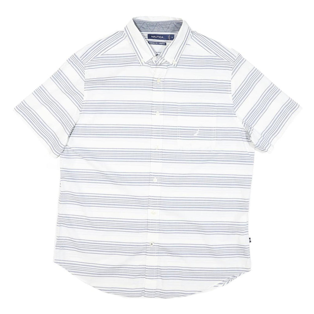 NAUTICA Mens White & Grey Stripe Cotton Blend Short Sleeve Shirt M Classic Fit