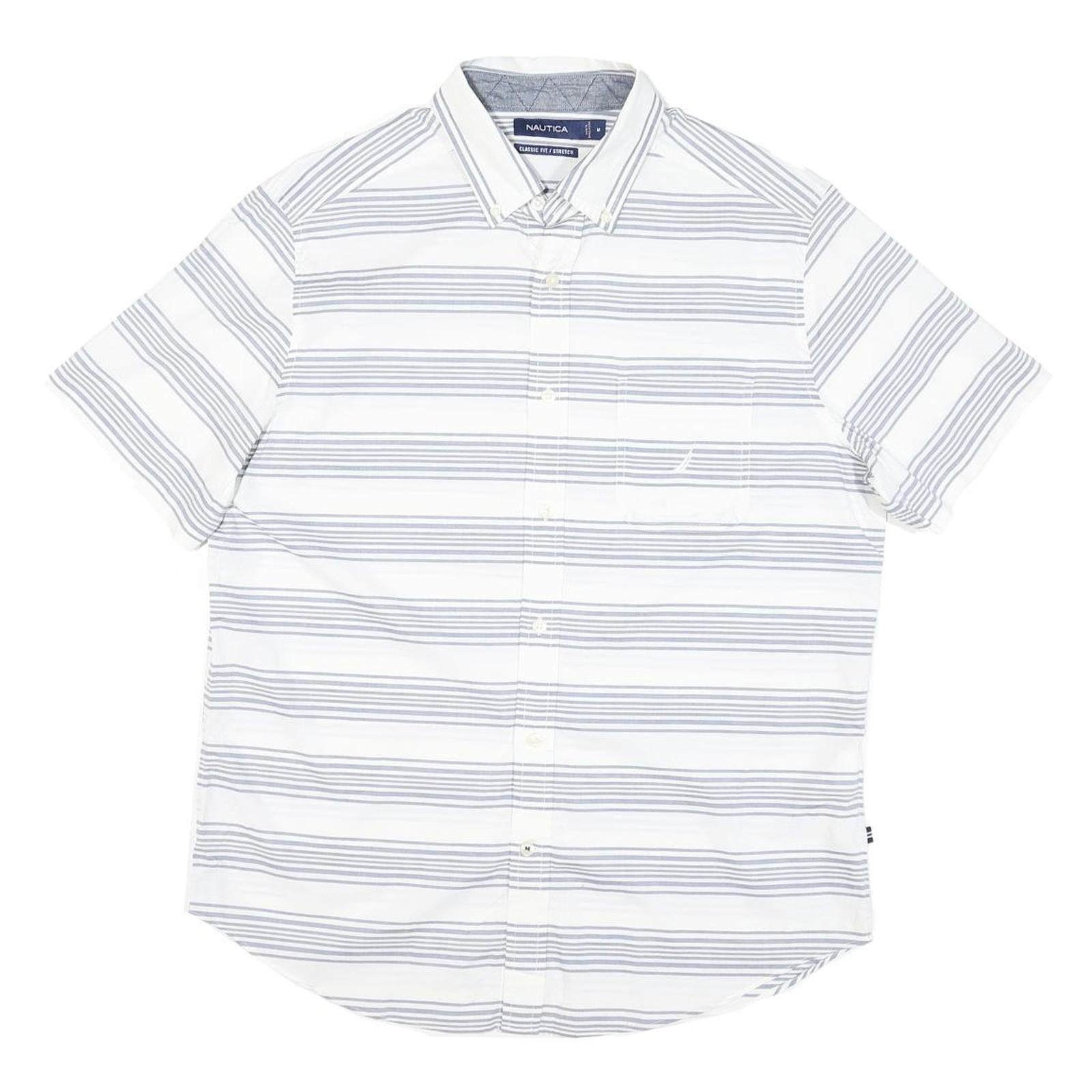 NAUTICA Mens White & Grey Stripe Cotton Blend Short Sleeve Shirt M Classic Fit