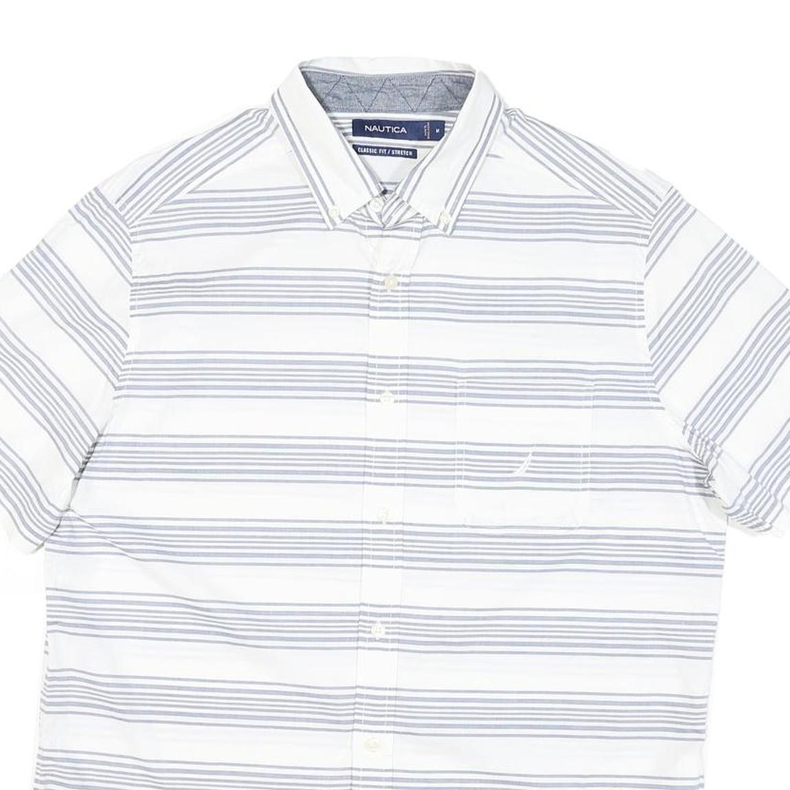 NAUTICA Mens White & Grey Stripe Cotton Blend Short Sleeve Shirt M Classic Fit