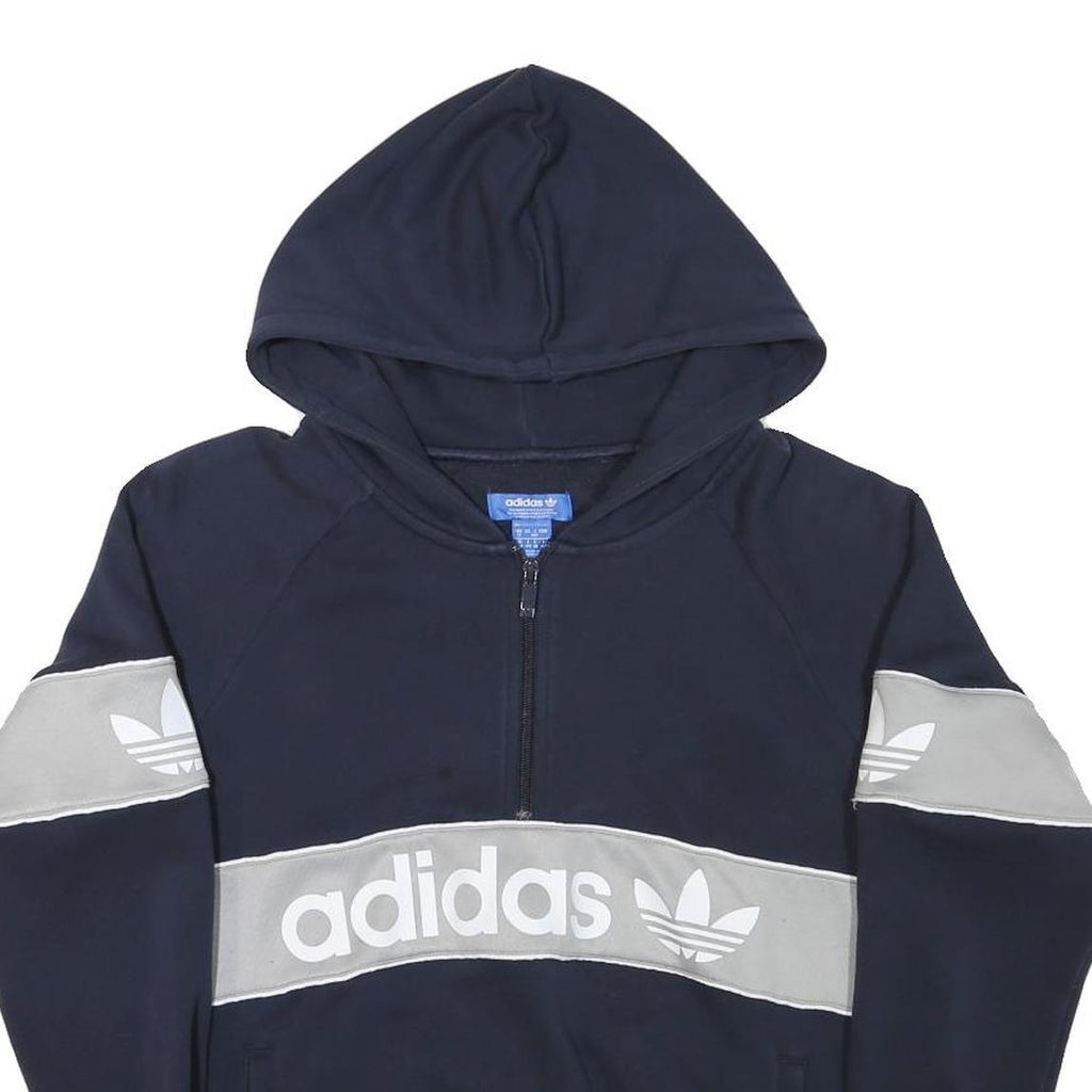 ADIDAS Womens Navy Blue & Grey Cotton Blend Hoodie UK 12 ¼ Zip Casual